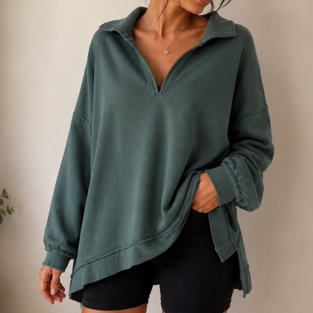 Torrid Green Oversized Pullover Sweatshirt Plus Size 5 High Low Raw Seam Collar